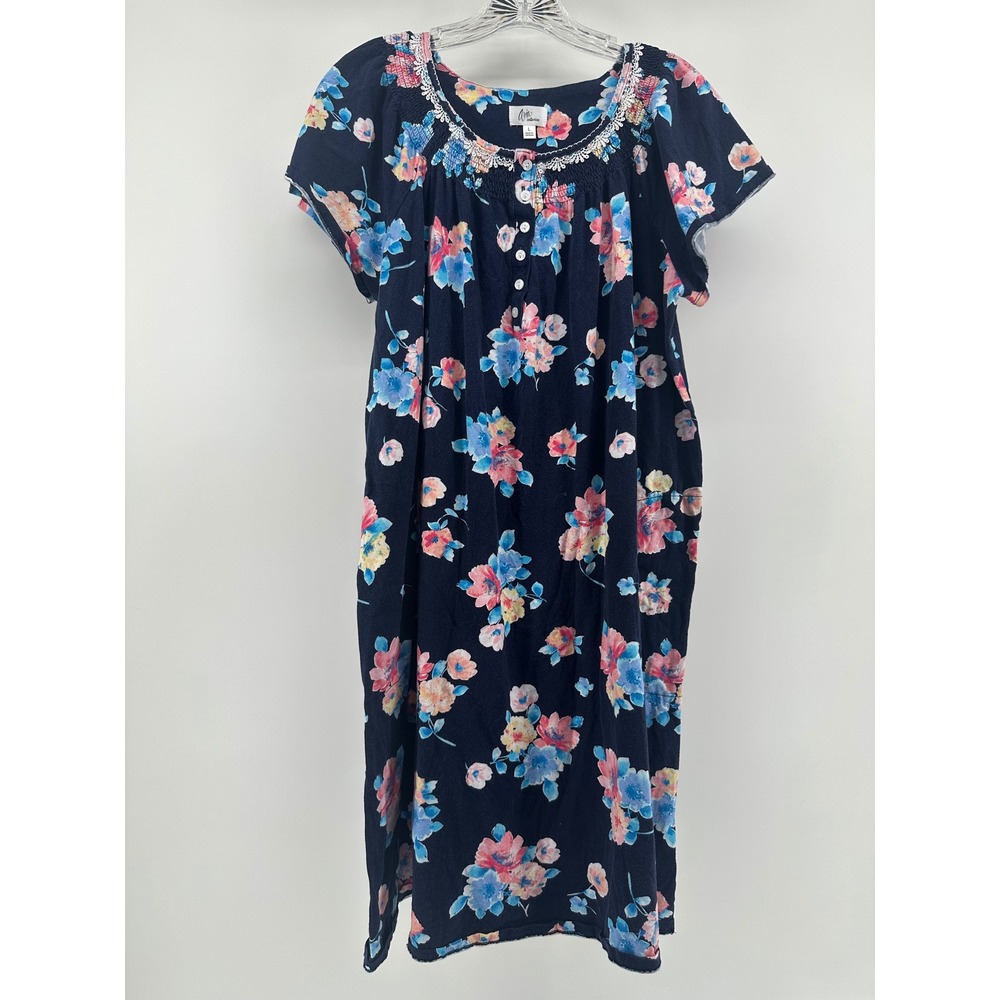 Aria Collection Womens Blue Floral Cotton Nightgown L Smocked Lace Cottagecore